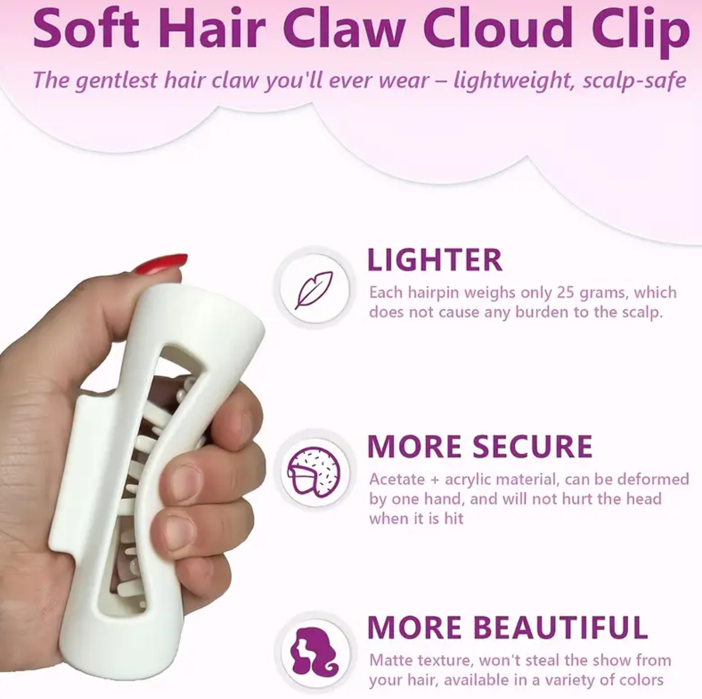 Advertisement for a soft hair claw cloud clip with text highlighting features.