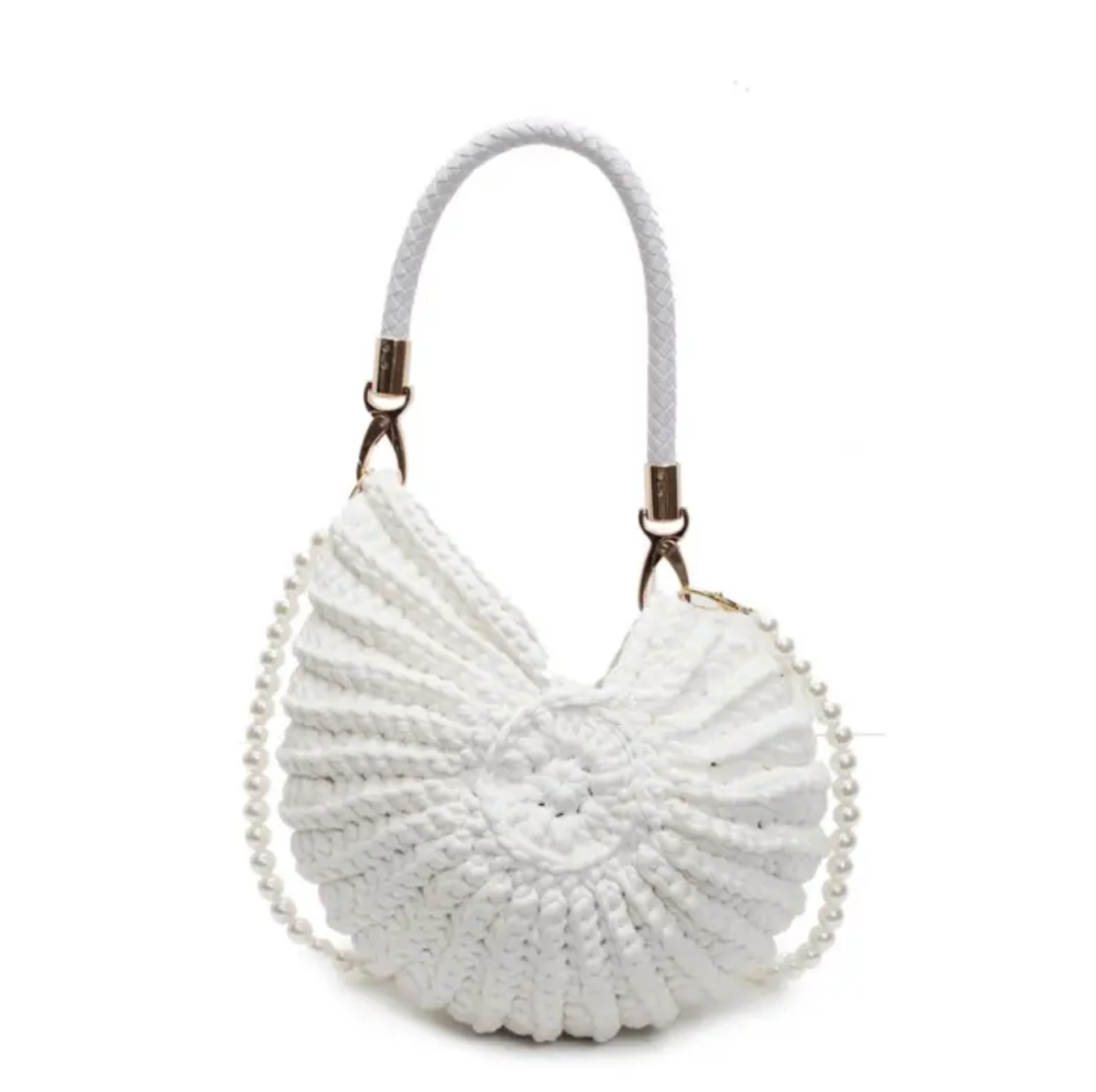 White textured handbag with a strap on a white background