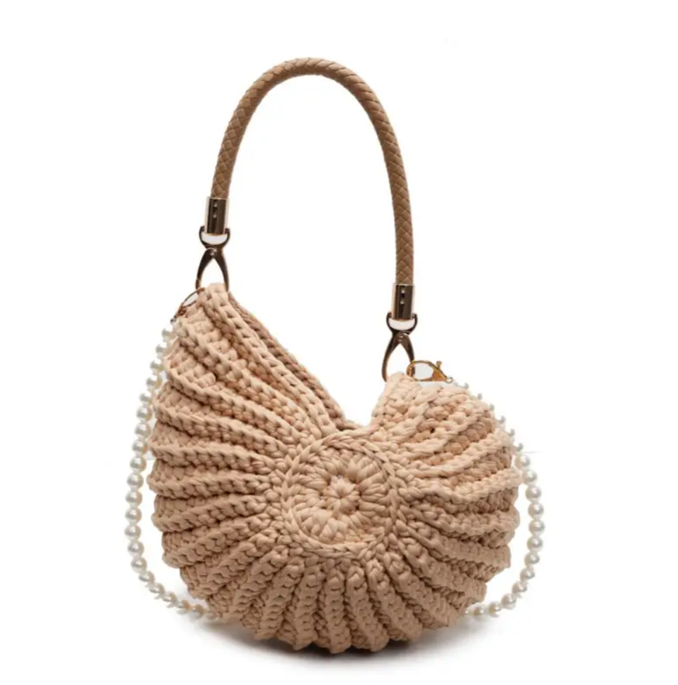 Knitted handbag with a chain detail on a white background