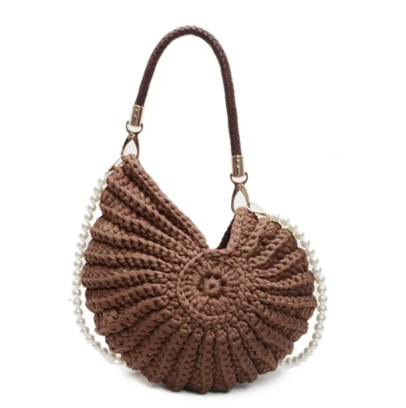 Brown crochet handbag with a white trim on a white background