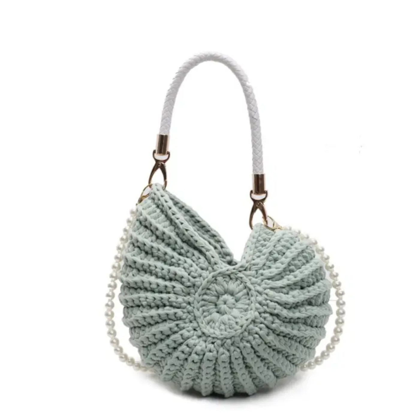 Light blue textured handbag with a strap on a white background
